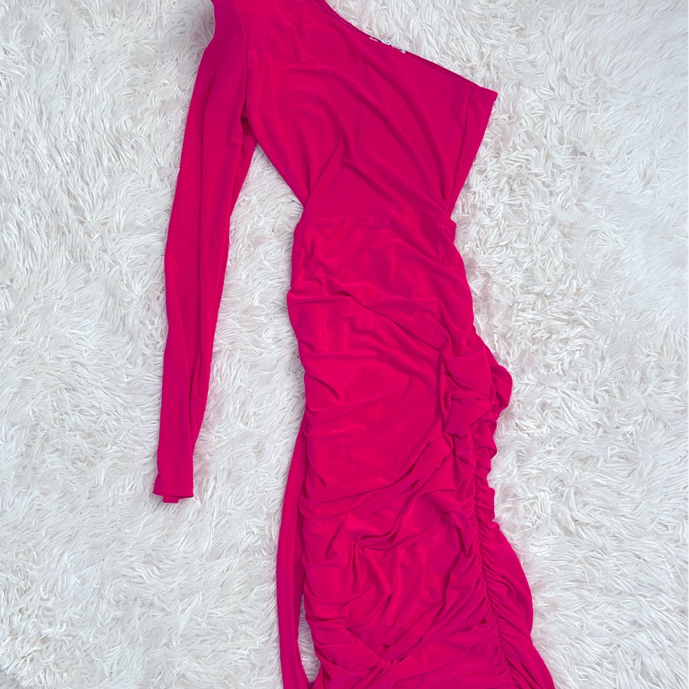 Hot pink one shoulder midi dress